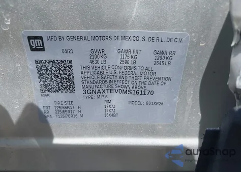 2021 Chevrolet Equinox Awd 2Fl из США, поврежденный, VIN 3GNAXTEV0MS161170